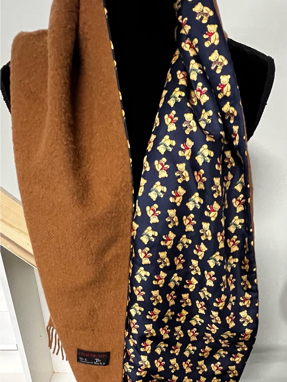 Reversible Brown and Navy Teddy-Print Scarf